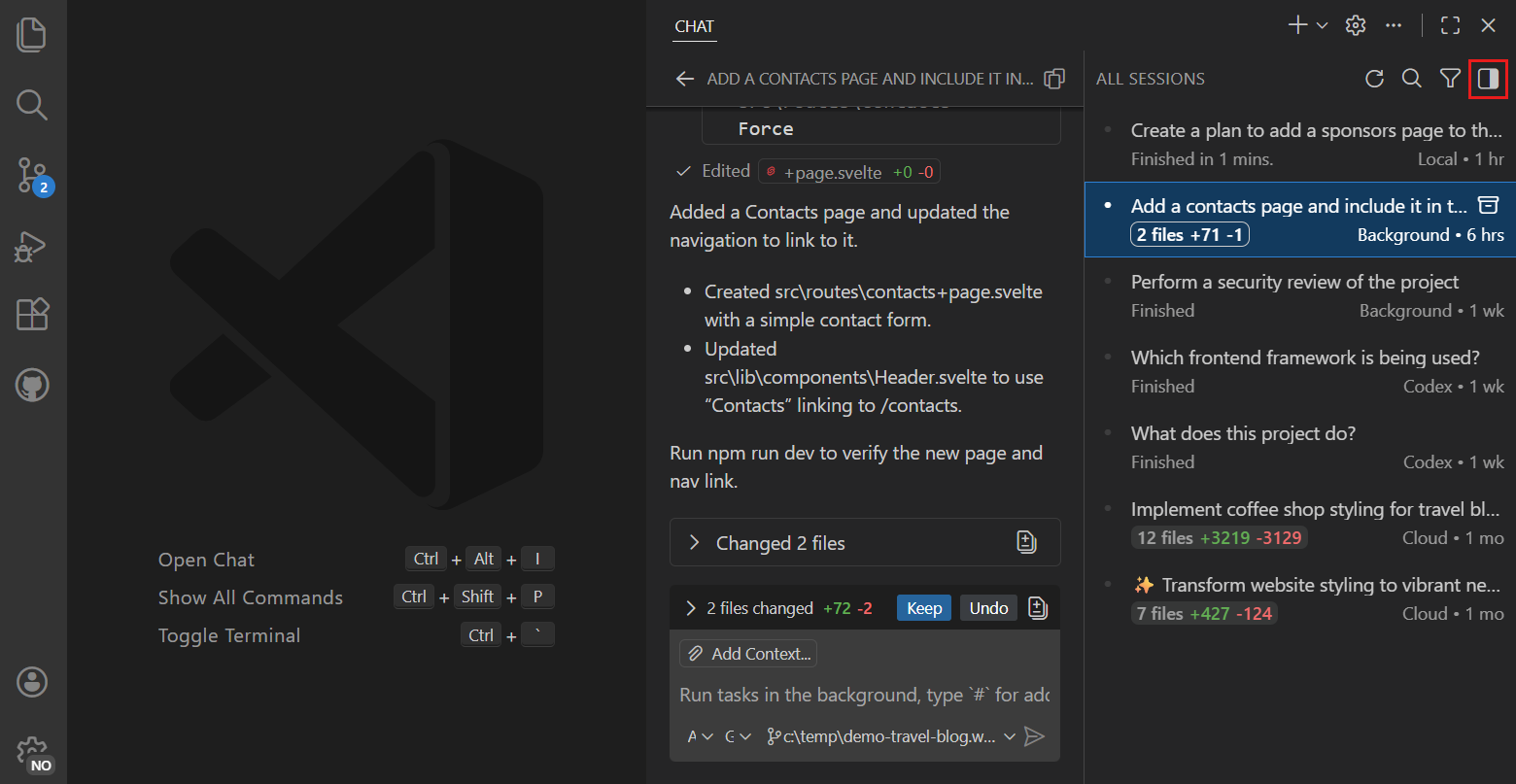 VS Code documentation screenshot of the AI Chat view and session conversation.